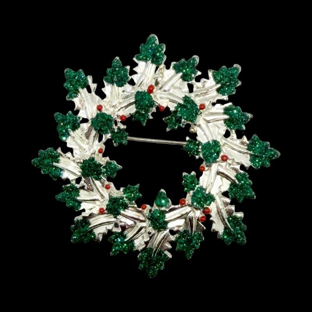 Vintage Danecraft Christmas Green Glitter Wreath Pin Brooch Silver Tone